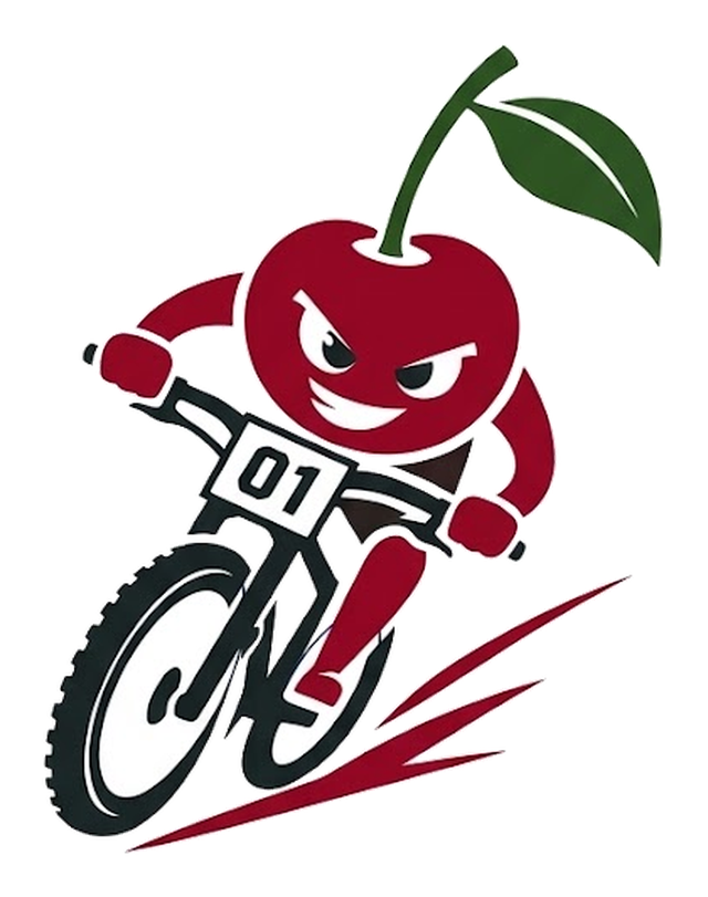 La mascotte ciliegia in sella alla sua MTB